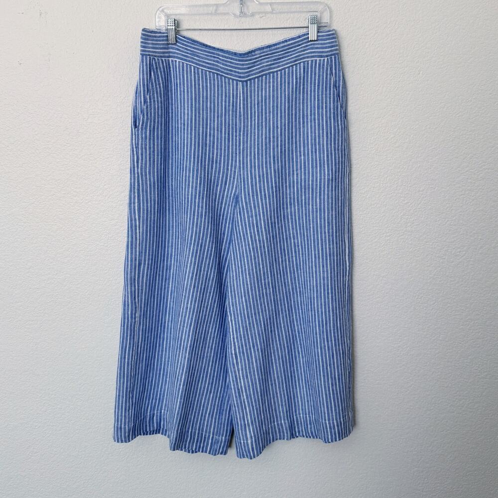 [1. State] Blue White Striped Linen Blend High Rise Wide Leg Crop Pants Sz Large